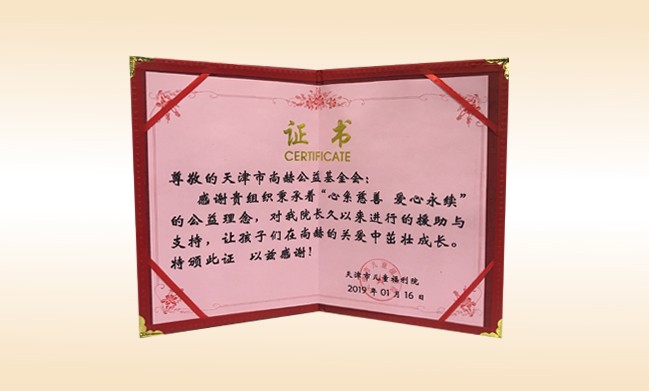 2019年1月-米兰·体育_米兰(中国)公益基金会荣获-天津市儿童福利院颁发的荣誉证书